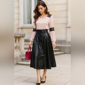 NEWOT🎀SUZY SHIER Viscose Pink Long Sleeve Blouse with Black Lace Fringe Sz: L